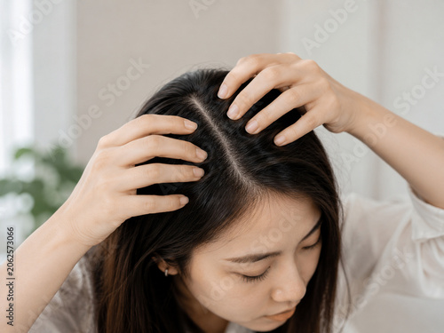 Young Asian woman examining her scalp and hair parting with care