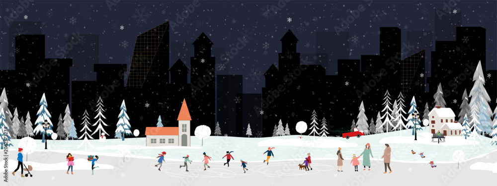 Fototapeta premium Seamless pattern Winter City Scene,Christmas Greeting Card,New Year Background,Vector illustration Endless Horizon Cute Fairy Houses with Snowy.Pattern Christmas winter landscape Design for Postcard