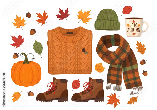 Cute autumn illustration with pumpkin, leaves and bear