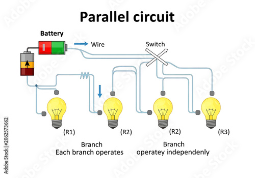 Diagram of a parallel electrical circuit with battery, switch, and light bulbs