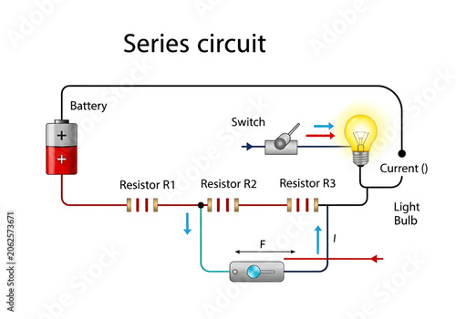 Series circuit diagram with battery, resistors, switch, and light bulb