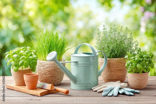 Herb gardening tools on wooden table