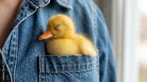Cute yellow duckling peeking out of a denim shirt pocket adorable farm animal in casual clothing