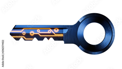 Foto Futuristic blue key with glowing orange circuit pattern