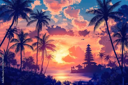 Tropical sunset with temple and palm trees