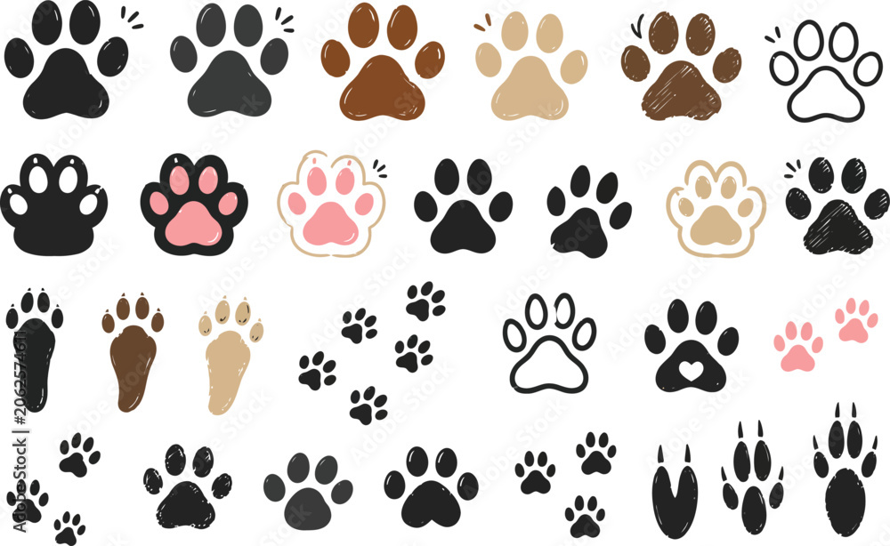 Fototapeta premium Hand drawn paw print collection with cat and dog footprints, pet footstep marks, animal pad patterns and cute flat vector icons 