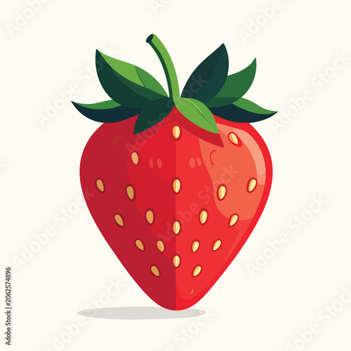 A bright red strawberry with green leaves in a flat vector illustration style.