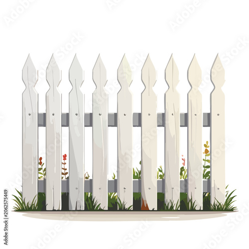 Classic white wooden picket fence section with green grass.