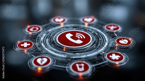 A futuristic digital interface with a central phone icon surrounded by healthcare-related symbols on glowing red circular buttons.