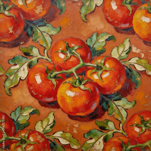 Vibrant Impressionist Style Oil Painting of Ripe Red Tomatoes on a Vine with Green Leaves - Artistic Food Still Life
