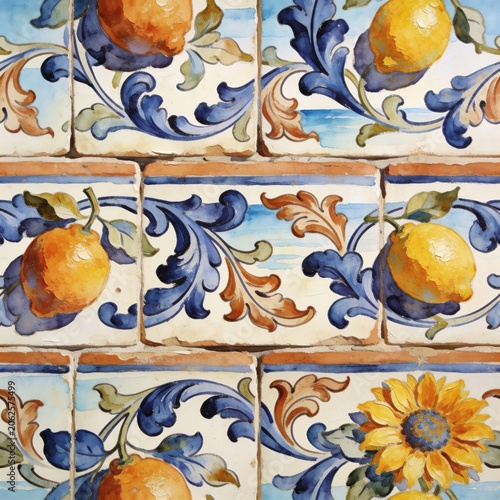 Seamless Mediterranean Ceramic Tile Pattern with Hand-Painted Lemons, Sunflowers, and Blue Floral Swirls in Traditional Italian Maiolica Style for Kitchen Decor and Background
