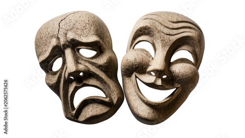 Konstfotografi Tragedy and Comedy theater masks with cracked stone texture