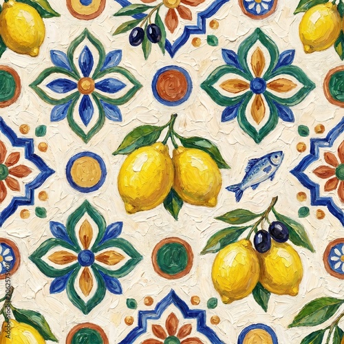 Seamless Mediterranean Tile Pattern with Hand-Painted Lemons, Olives, and Fish - Vibrant Amalfi Coast Inspired Decorative Wallpaper Background
