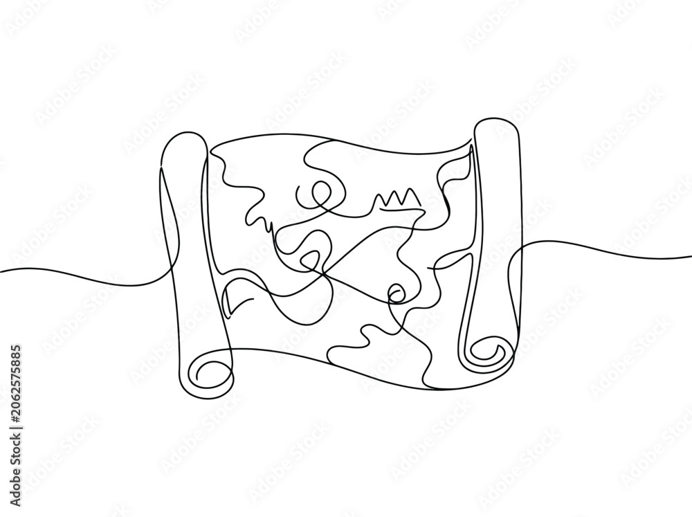 Obraz premium A continuous line drawing of an ancient map unrolling to reveal an adventurous journey with abstract lines