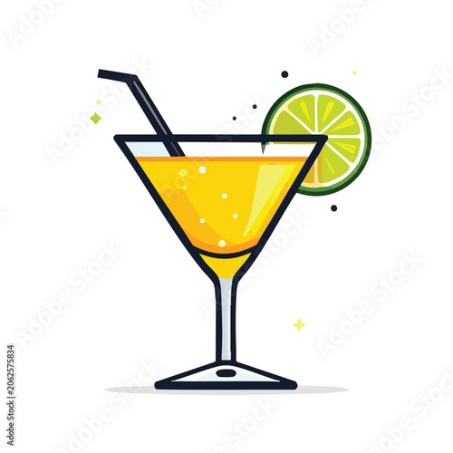 Flat vector illustration of a refreshing yellow cocktail drink with lime slice and straw.