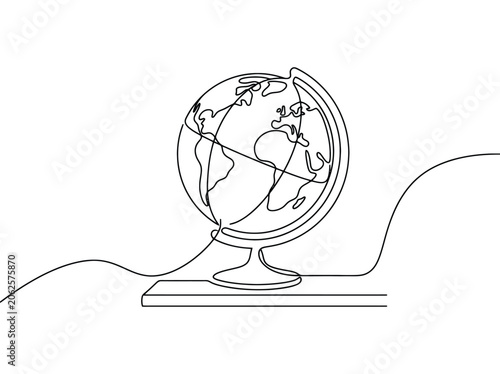 A continuous line drawing of a globe on a stand with simple wavy lines suggesting abstract landscape elements