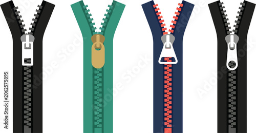 Set of four colorful zipper illustrations with different slider types and teeth designs on a white background showcasing zipper mechanisms hardware