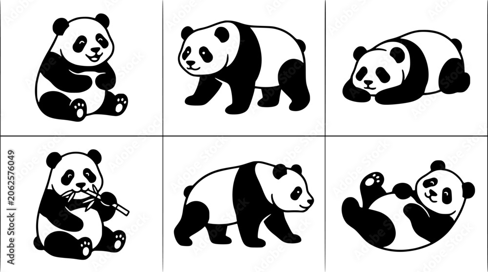 Obraz premium Pandas in Various Poses and Activities, Black and White Illustration Featuring Panda, Cartoon, Animal with Bear and Sitting Elements for Standing