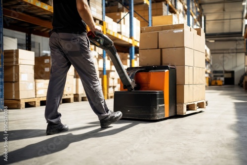 Canvastavla Professional warehouse worker operating electric pallet jack loaded with cardboa