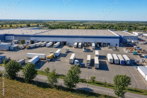 Canvas Print Modern industrial warehouse and logistics distribution center with cargo semi trucks parked at loading docks on sunny day, aerial view representing global supply chain and commerce