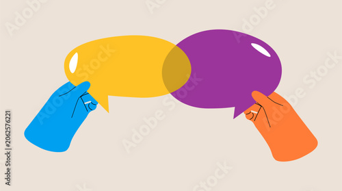Hands holding overlapping speech bubbles. Conversation or teamwork concept. Colorful vector illustration