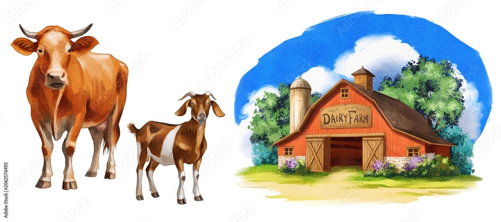 Obraz premium Cows and a goat stand near a dairy farm with a red barn and green trees under a blue sky