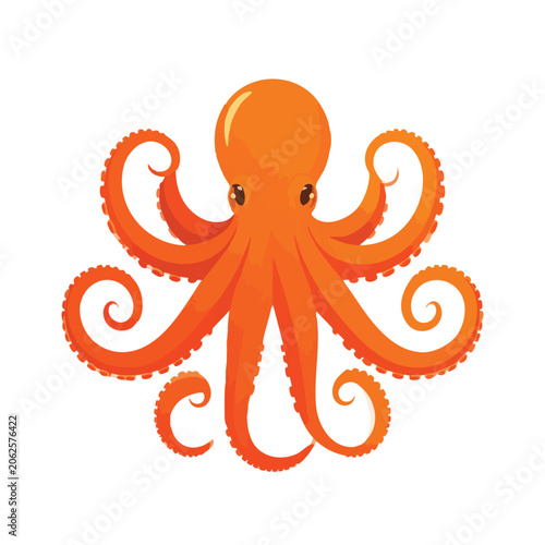 Cute Cartoon Orange Octopus Isolated on White Background.