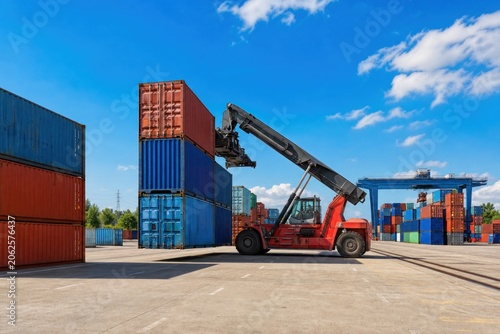 Bild auf Leinwand Reach stacker lifting blue cargo container at busy port terminal under bright bl