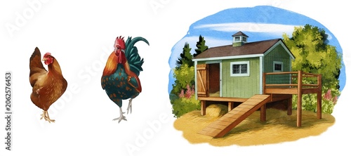 Chickens next to a small green chicken coop in a garden setting with trees and flowers
