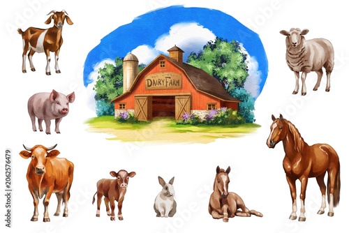 Dairy farm with various farm animals and a red barn in the countryside