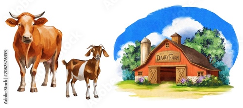 Cows and a goat stand near a dairy farm with a red barn and green trees under a blue sky