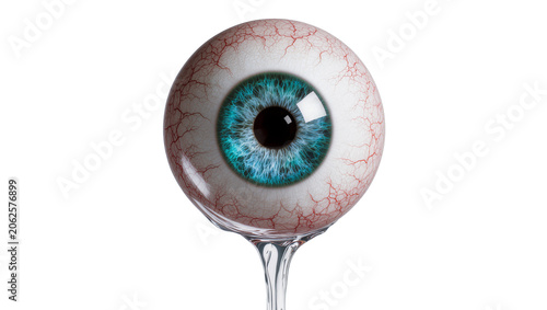 Foto Human eyeball with blue iris and red veins, dripping clear liquid