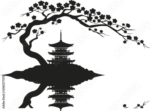 Stylized silhouette of a blooming cherry tree branch over a Japanese pagoda reflected in water