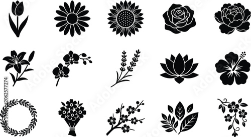 Fotografía Black and white floral collection, seamless pattern floral seamless pattern flow