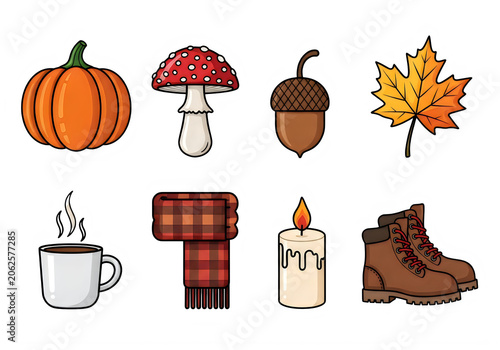 Flat autumn leaves and pumpkin icons set with numbers