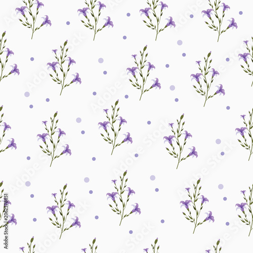 Seamless Purple Wildflower Pattern with Polka Dots on Light Background