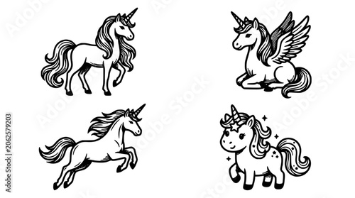Unicorn Set with Line Art Drawings, Black and White Fantasy Characters with Manes, Wings, and Cute Expressions