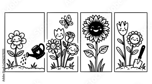 Flowers Growing in a Garden with a Watering Can and Shovel in a Four-Panel Illustration Featuring Plants, Sunflower, Tulip with Rose and Daisy