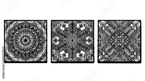 Intricate Geometric Patterns with Symmetrical Designs and Detailed Linework Featuring Black and White, Abstract Art, Line Art with Artistic Design