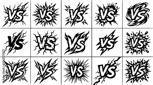 Vs Logo Set with Comic Lightning Effects and Stylized Letters for Matchup Branding on White Background