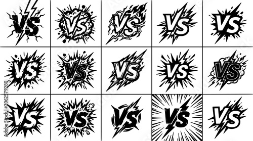Vs Symbols with Dynamic Explosion Effects in Various Styles and Orientations Featuring vs Symbol, Graphic Design, Typography with Vector Art
