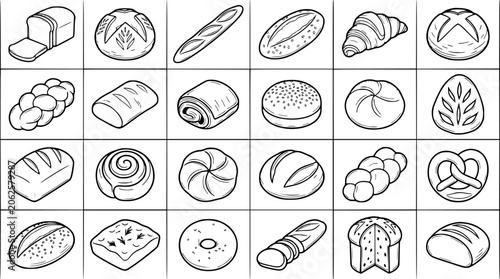 Breads and Pastries in Various Shapes and Styles, Including Loaves, Rolls, and Pastries, Illustrated in Black and White