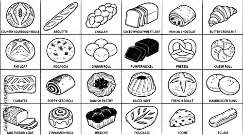 Baguette Assortment Icons in Black and White Line Art, Wheat Bread Typography for Bakery Branding and Menu Design