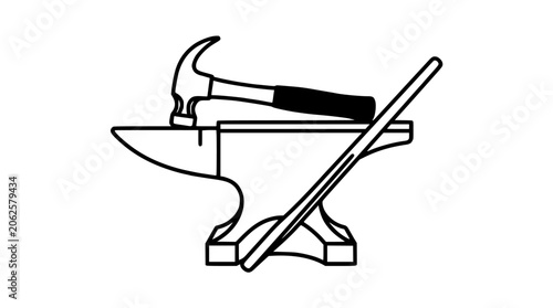 Hammer Resting on Anvil with Tongs in a Black and White Illustration Featuring Tools, Metalworking, Crafting with Forging and Workshop Elements