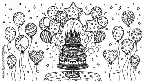 Cake with Candles and Balloons in a Festive Celebration Scene Featuring Party, Birthday, Stars with Hearts and Dots Elements for Pattern