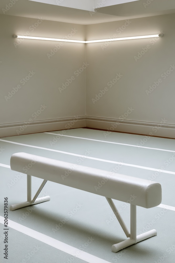 Fototapeta premium Modern Minimalist Gym Interior with White Balance Beam in Calm Toned Room