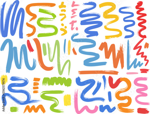 Colorful squiggles hand drawn paint stroke collection. Bright ink scribble and wave marks set. Abstract dynamic wavy line elements. Creative brush texture pack.