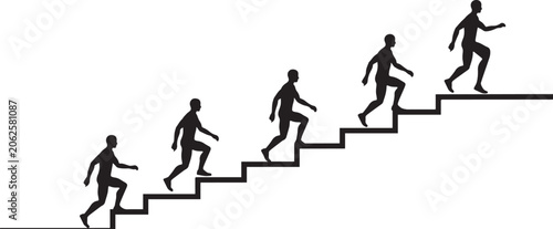 People climbing stairs silhouette progression concept, success growth journey vector illustration isolated on light background design
