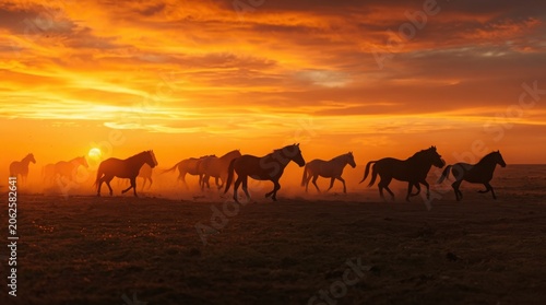 Horses running in a field during a beautiful orange sunset