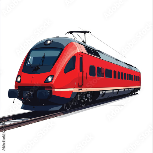 Modern red electric high speed passenger train locomotive on railroad tracks.